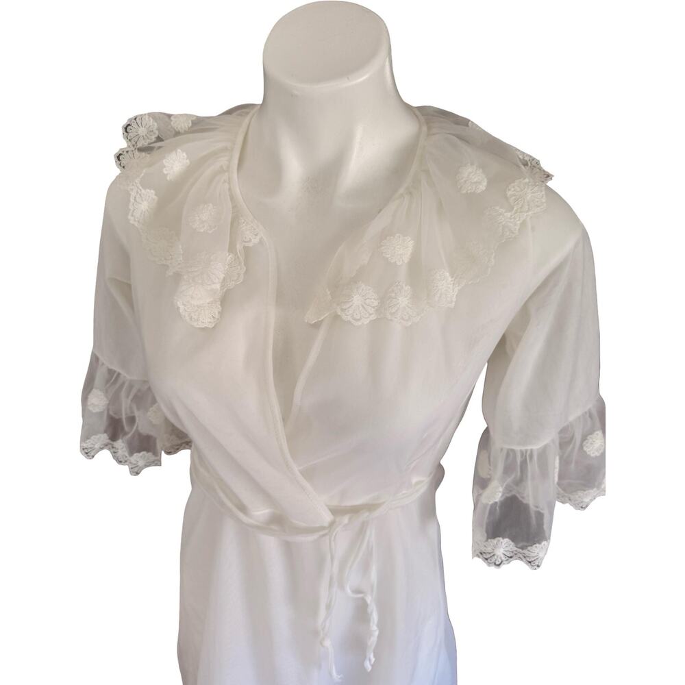 Vintage Felina 70s Ruffled Collar Double Chiffon Peignoir Robe S - Picture 2 of 12